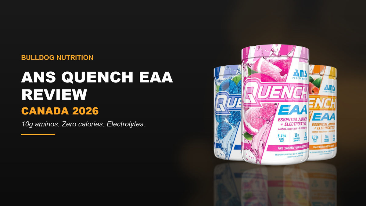 ANS Quench EAA review Canada 2026 — Blue Raspberry, Pink Lemonade and Peach Mango 30-serving tubs