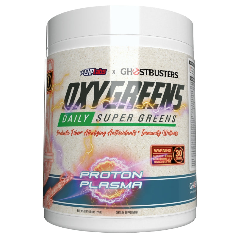 EHP Labs X Ghostbusters OxyGreens Daily Super Greens Front Label Proton Plasma