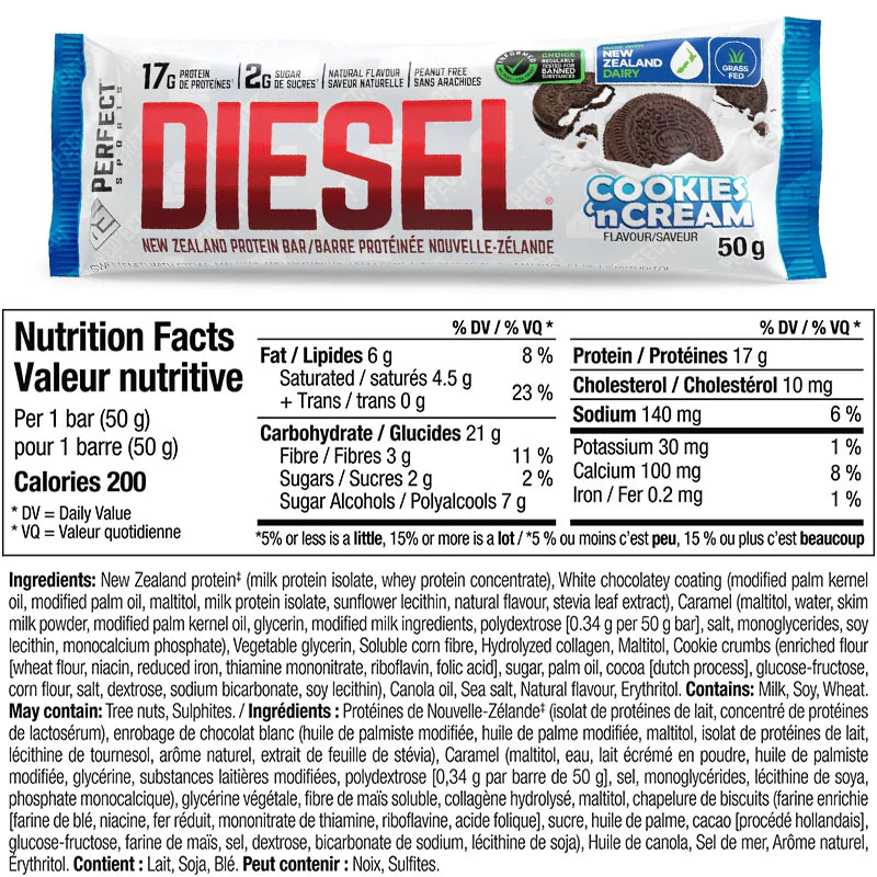 Diesel New Zealand Protein Bars Nutrition Facts Cookies and Cream