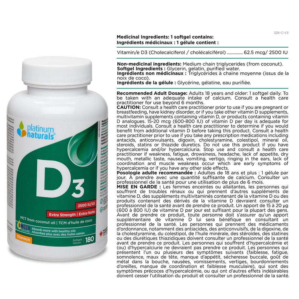Platinum Naturals Vitamin D3 Extra Strength 2500iu, 180softgels