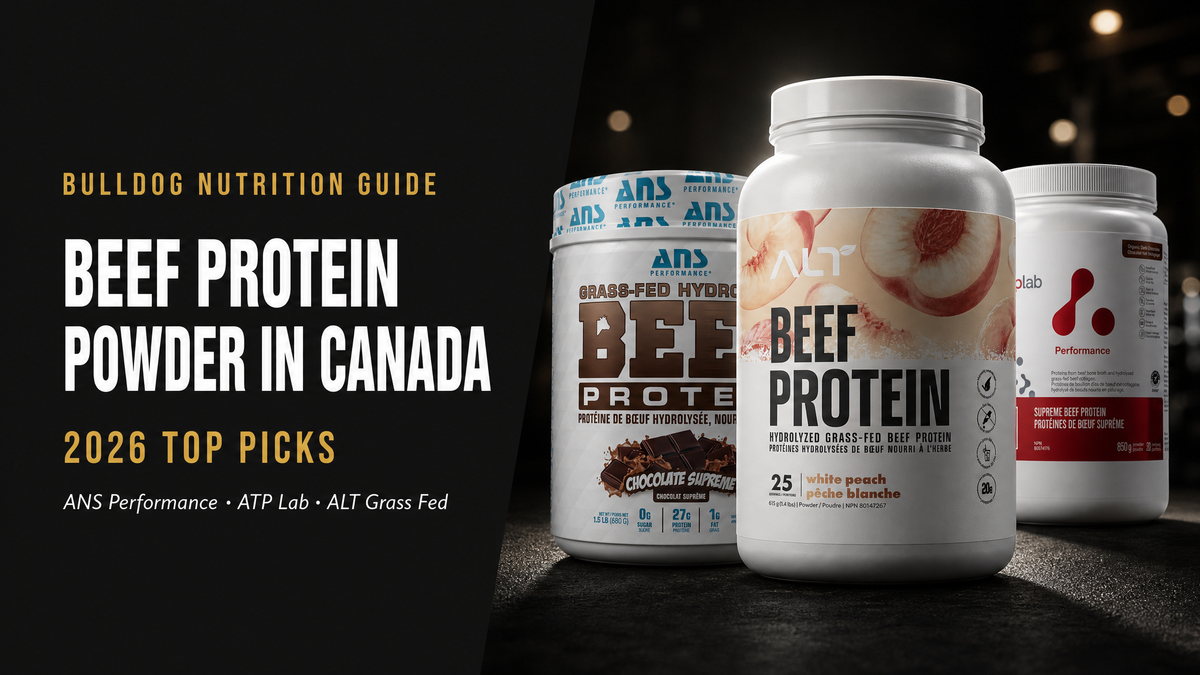 Best beef protein powder in Canada 2026 — ANS Performance, ATP Lab Supreme, and ALT Grass Fed White Peach ranked by Bulldog Nutrition