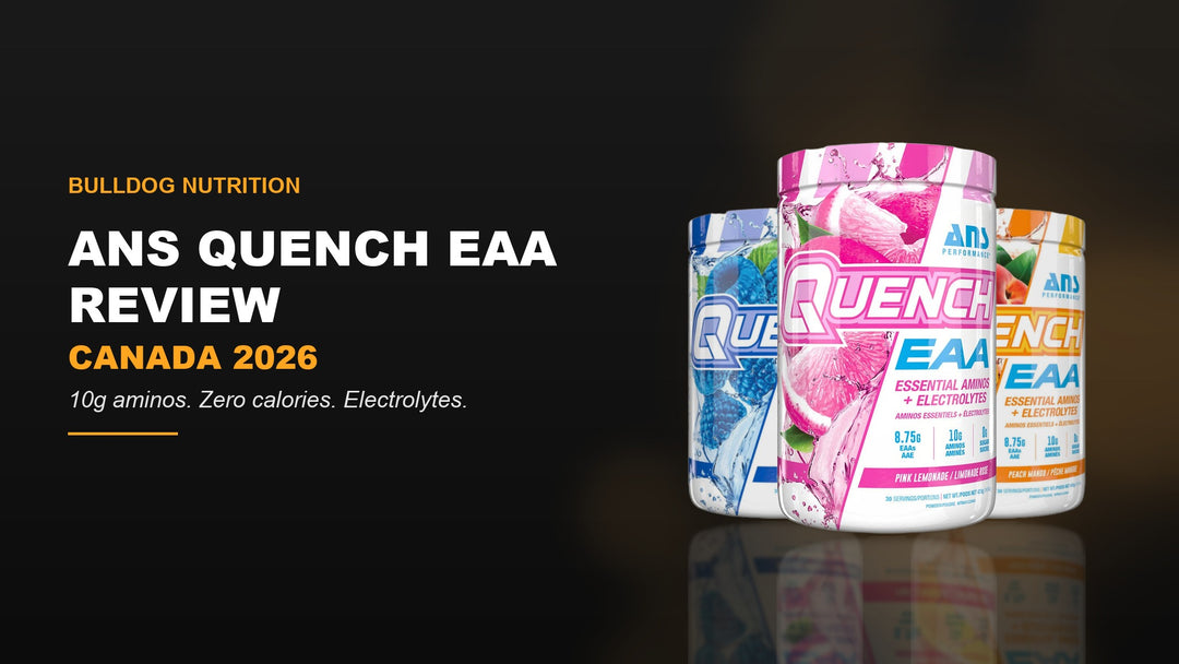 ANS Quench EAA review Canada 2026 — Blue Raspberry, Pink Lemonade and Peach Mango 30-serving tubs