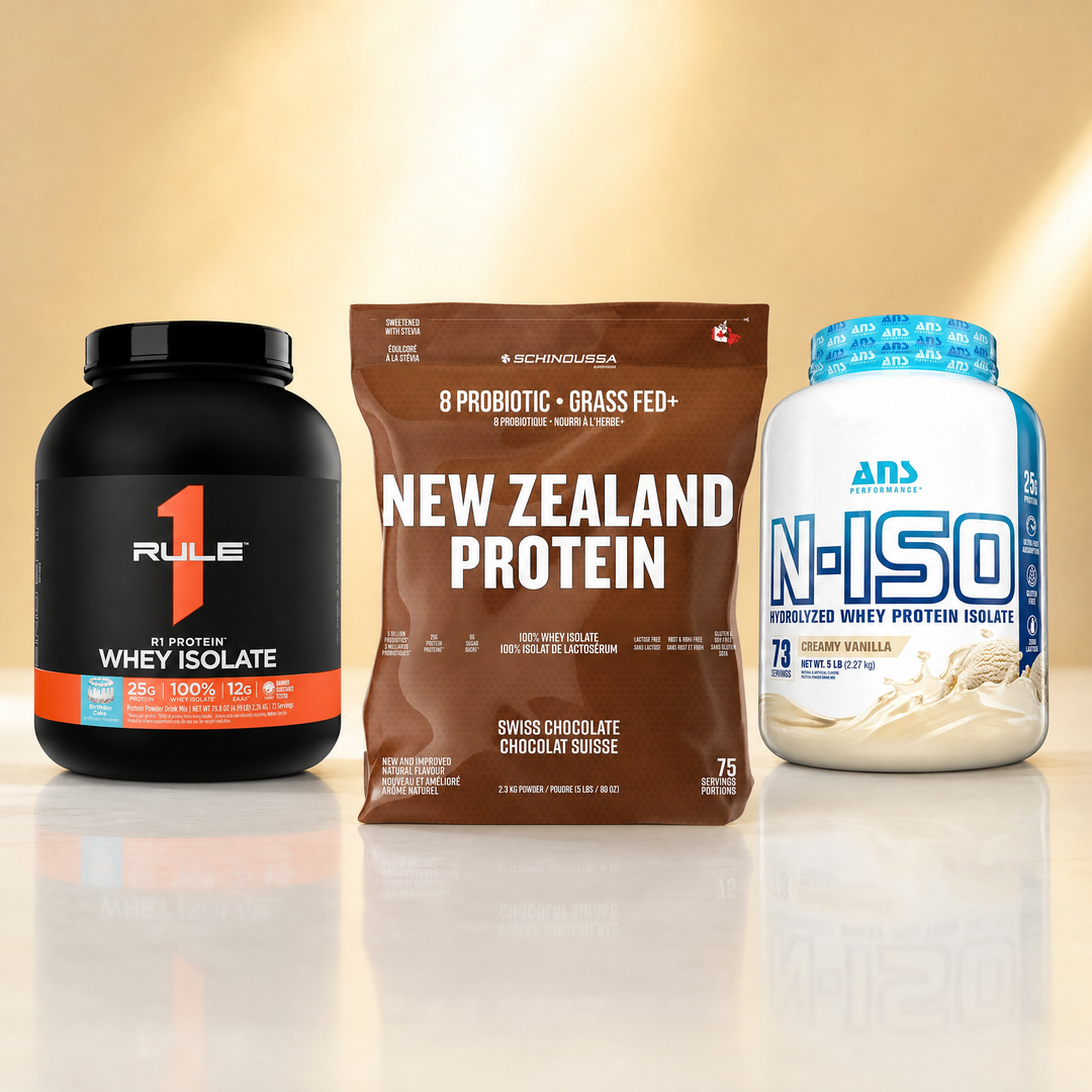 Whey isolate protein powders in Canada — Rule 1 Whey Isolate, Schinoussa Probiotic Whey Isolate, and ANS N-ISO at Bulldog Nutrition