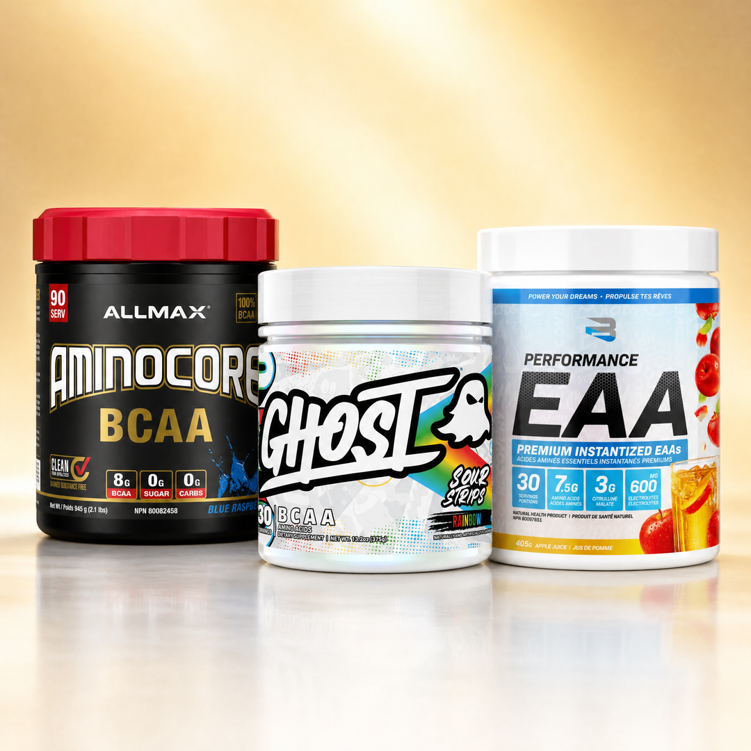 BCAA and EAA amino acid supplements in Canada — Allmax Aminocore, GHOST BCAA, and Believe Performance EAA at Bulldog Nutrition