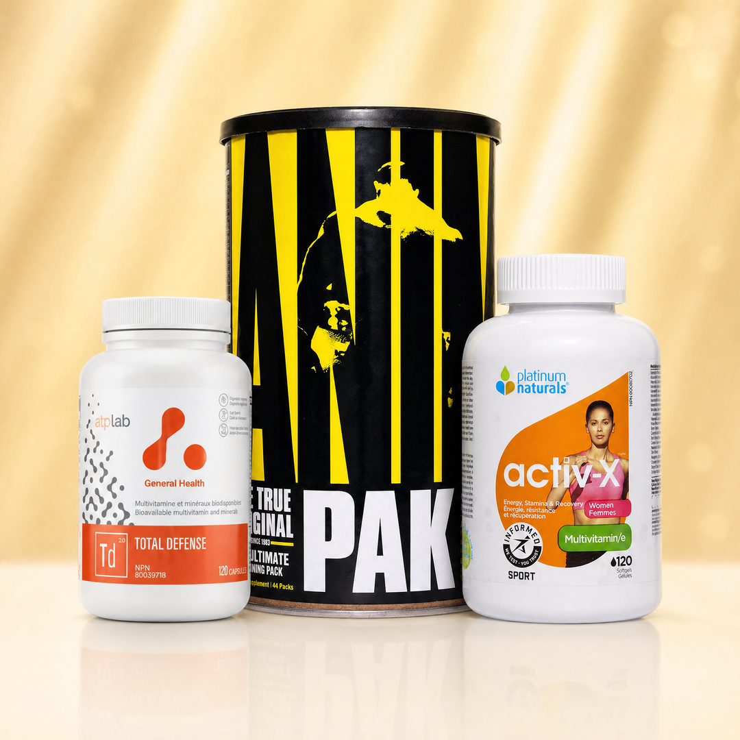 Vitamins and minerals in Canada — Animal Pak multivitamin, ATP Lab Total Defense, and Platinum Naturals Activ-X for Women at Bulldog Nutrition