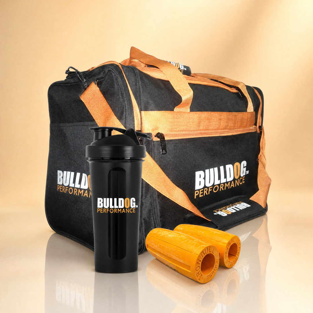 Gym accessories in Canada — Bulldog gym bag, shaker bottle, and Iron Bull grips at Bulldog Nutrition