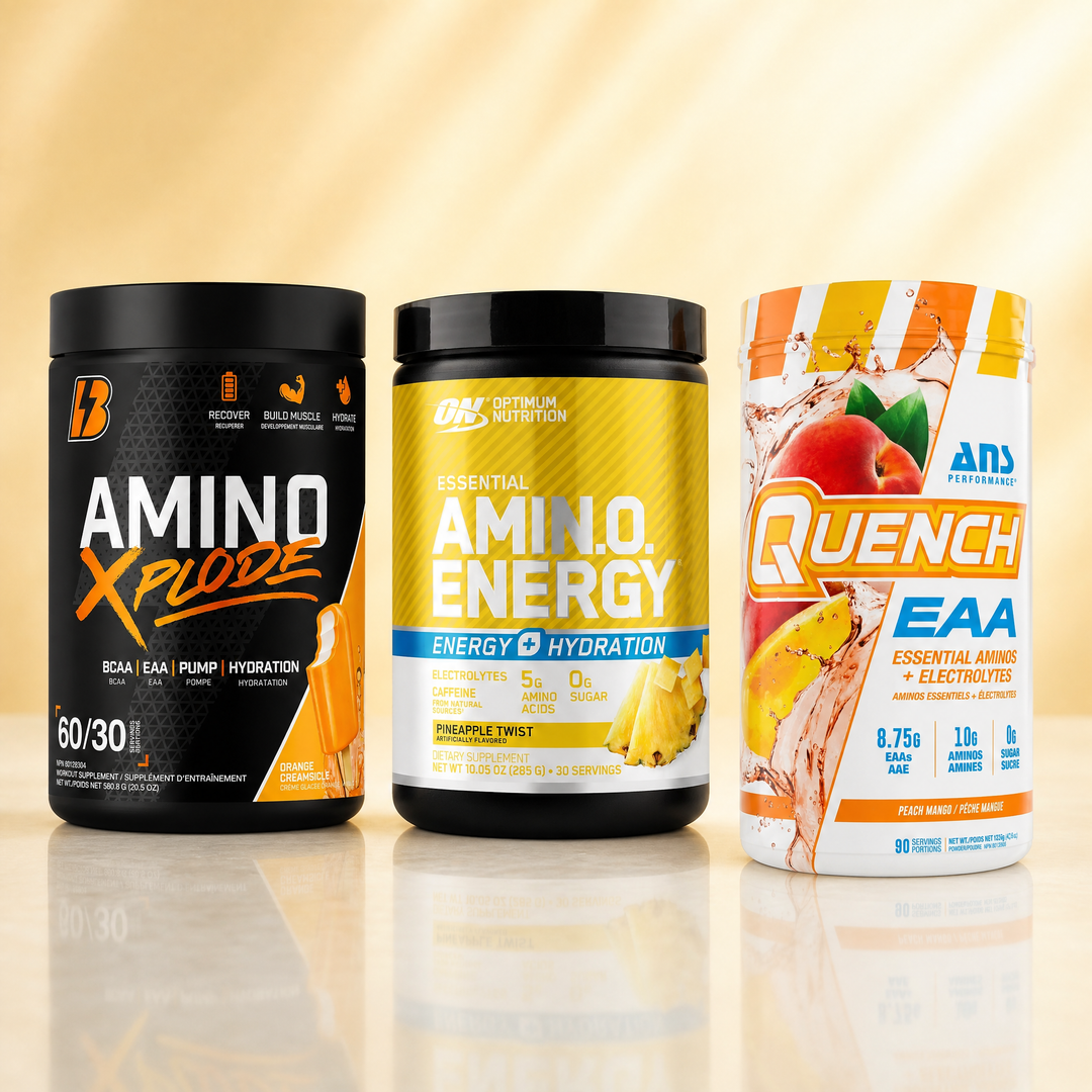 Hydration and electrolyte supplements in Canada — BULL Nutrition Amino Xplode, Optimum Amino Energy + Hydration, and ANS Quench EAA at Bulldog Nutrition