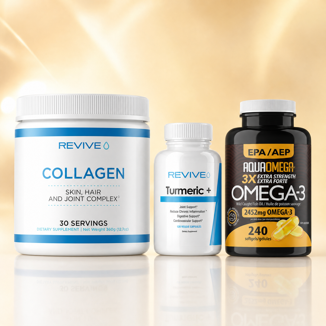 Joint health supplements in Canada — Revive MD CollaPURE collagen, Revive MD Turmeric+, and AquaOmega omega-3 at Bulldog Nutrition