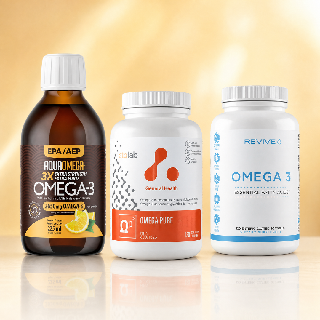 Omega-3 fish oil supplements in Canada — AquaOmega liquid, ATP Lab Omega Pure, and Revive MD Omega-3 at Bulldog Nutrition