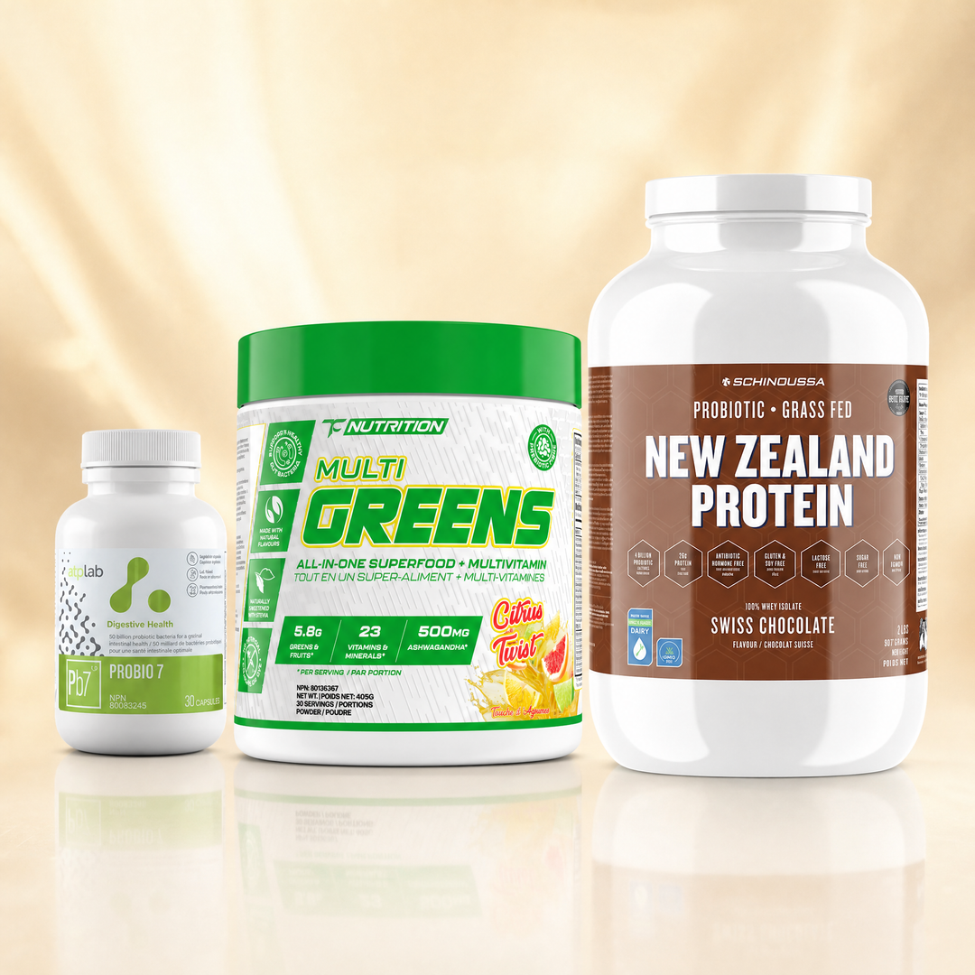 Immunity support supplements in Canada — ATP Lab Probio-7 probiotic, TC Nutrition Multi Greens, and Schinoussa Probiotic Whey at Bulldog Nutrition