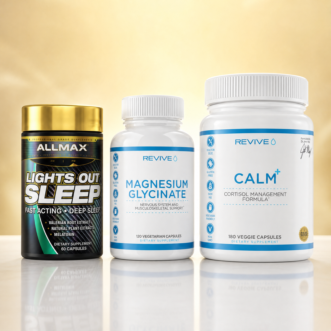Sleep and stress support supplements in Canada — Allmax Lights Out, Revive MD Magnesium Glycinate, and Revive MD Calm at Bulldog Nutrition