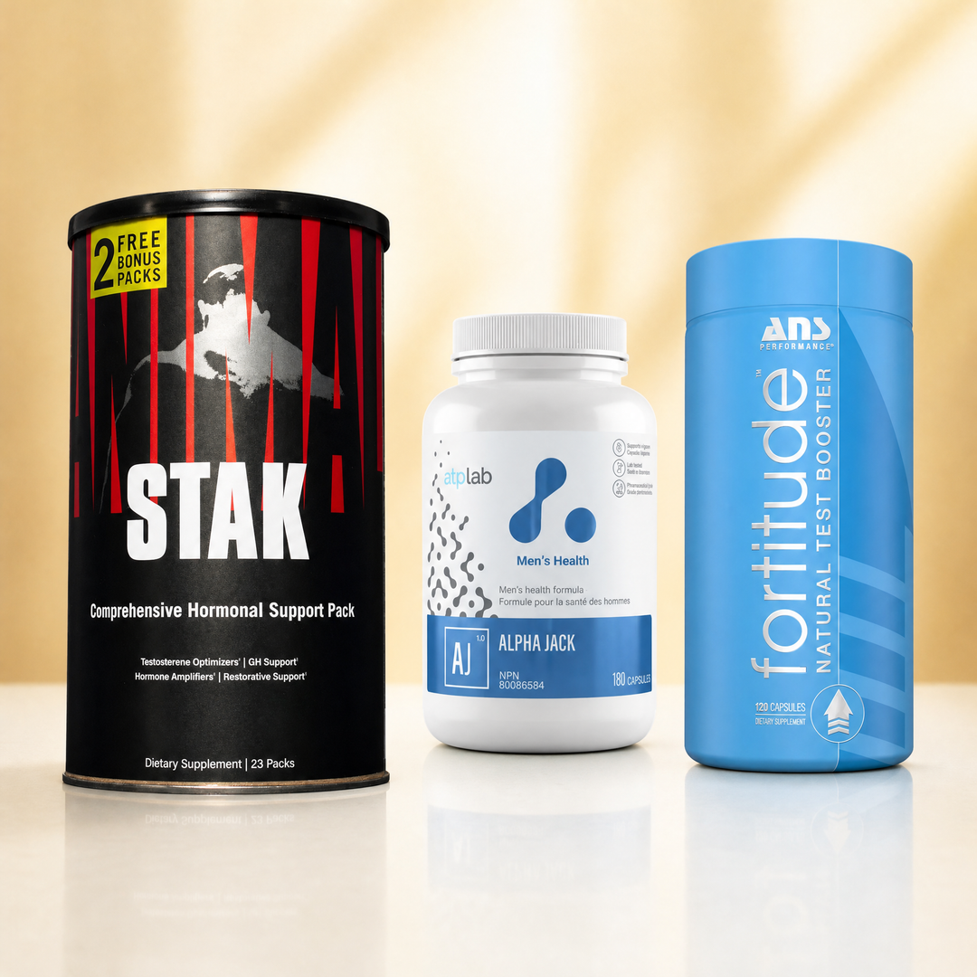 Natural testosterone support supplements in Canada — Animal Stak, ATP Lab Alpha Jack, and ANS Fortitude at Bulldog Nutrition