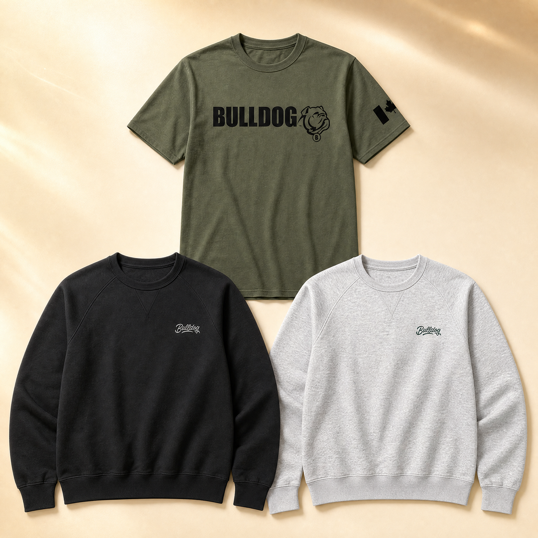 Bulldog Nutrition fitness apparel — premium t-shirt and crewneck sweatshirts