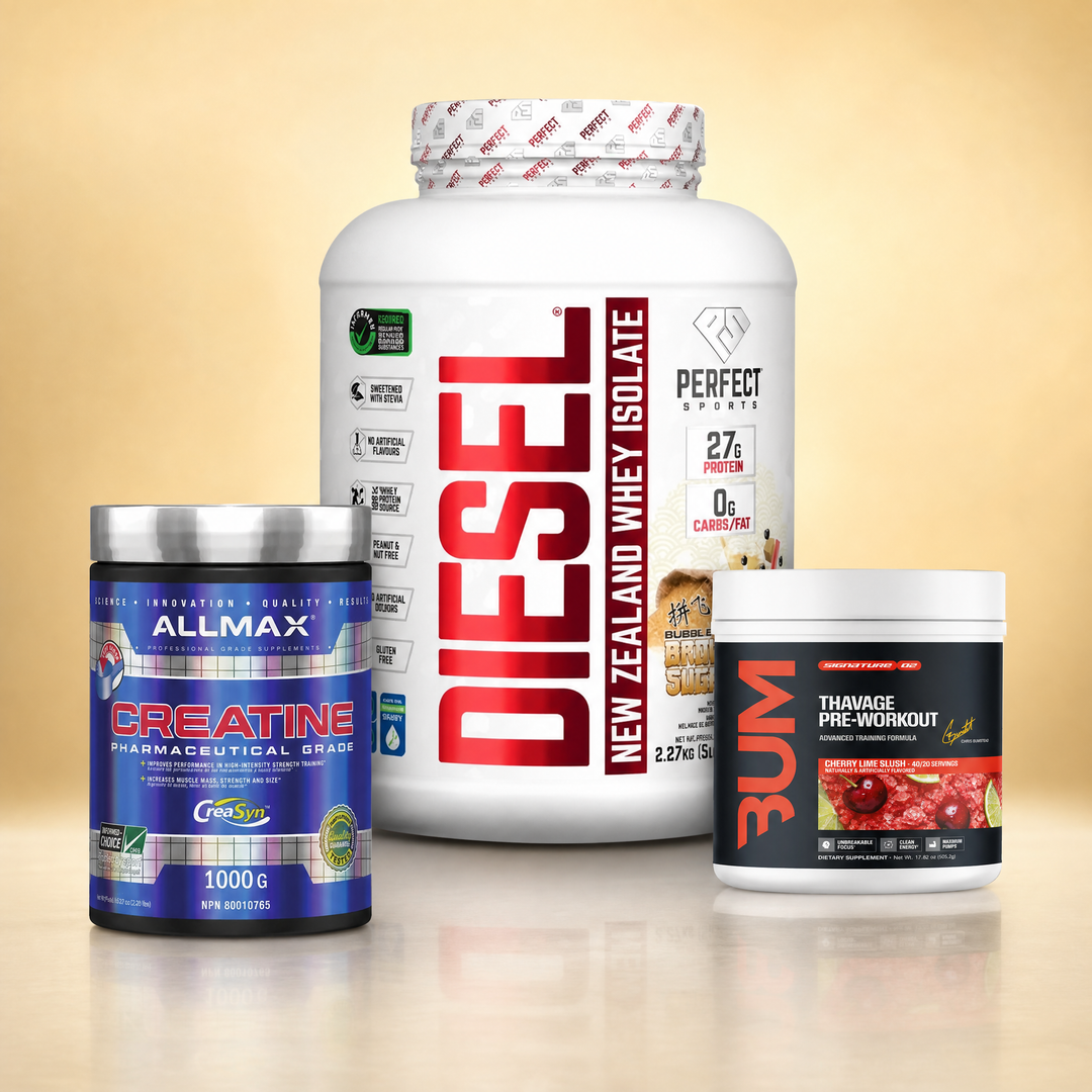 Muscle building supplements in Canada — Diesel New Zealand Whey Isolate, CBUM Thavage pre-workout, and Allmax Creatine at Bulldog Nutrition