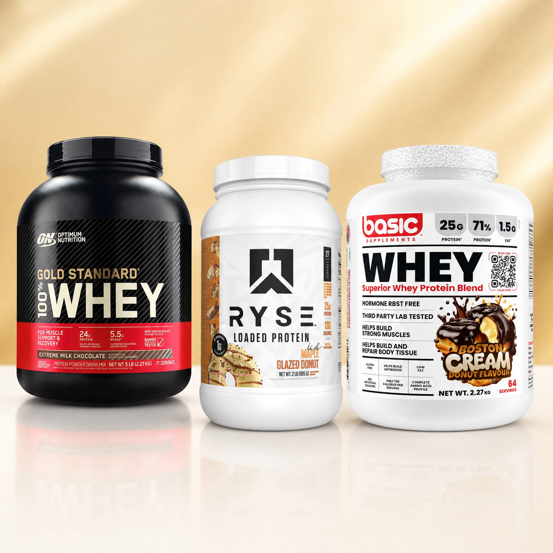 Whey protein blends in Canada — Optimum Nutrition Gold Standard 100% Whey, RYSE Loaded Protein, and Basic Whey Blend at Bulldog Nutrition