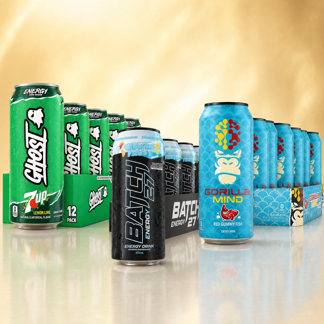 Energy drink cases in Canada — GHOST Energy, TC Nutrition Batch 27, and Gorilla Mind energy drinks at Bulldog Nutrition