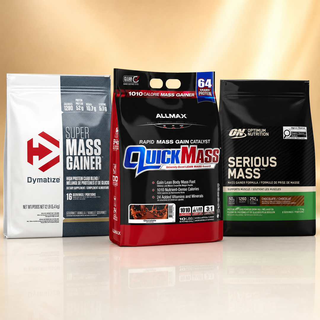 Mass gainers in Canada — Dymatize Super Mass Gainer, Allmax QuickMass, and Optimum Serious Mass at Bulldog Nutrition
