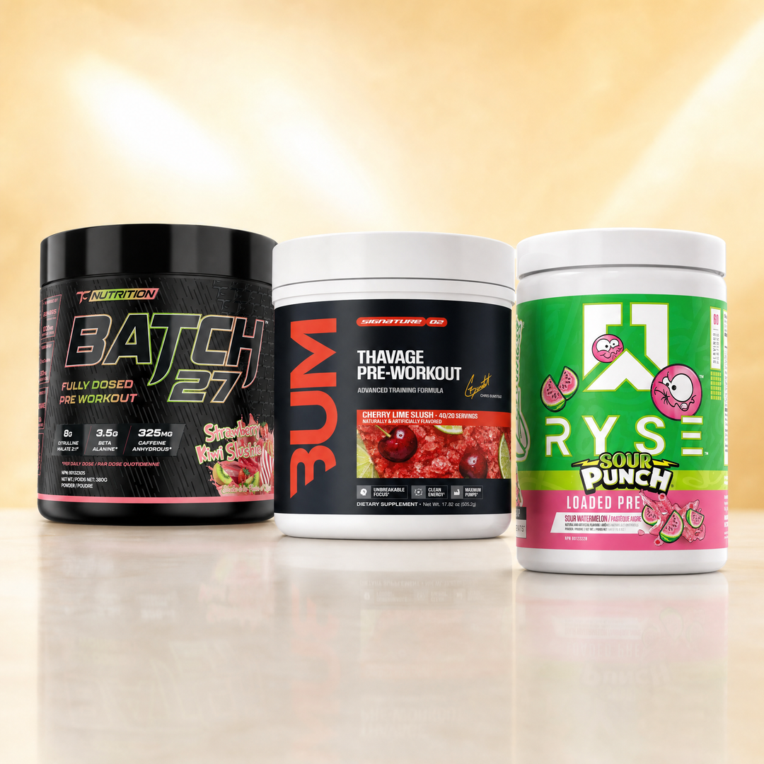 Top pre-workout supplements in Canada — TC Nutrition Batch 27, CBUM Thavage, and RYSE Loaded Pre at Bulldog Nutrition