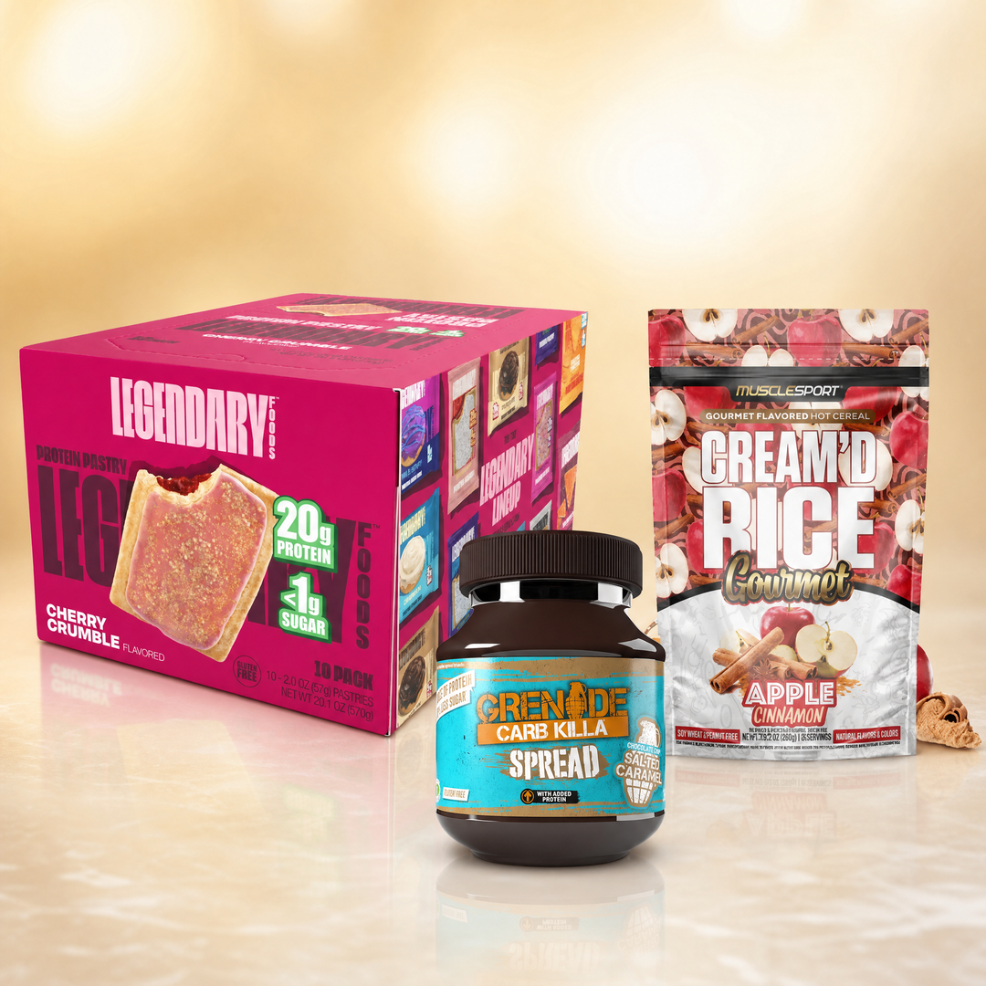 Healthy high-protein snacks in Canada — Legendary Foods Protein Pastry, Grenade protein spread, and MuscleSport Cream'd Rice at Bulldog Nutrition