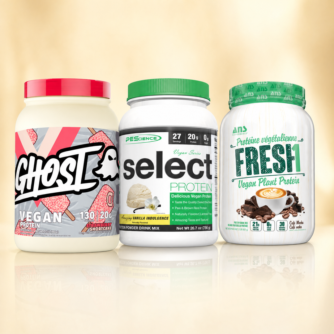 Plant-based vegan protein powders in Canada — GHOST Vegan, PEScience Vegan Select, and ANS FRESH1 at Bulldog Nutrition