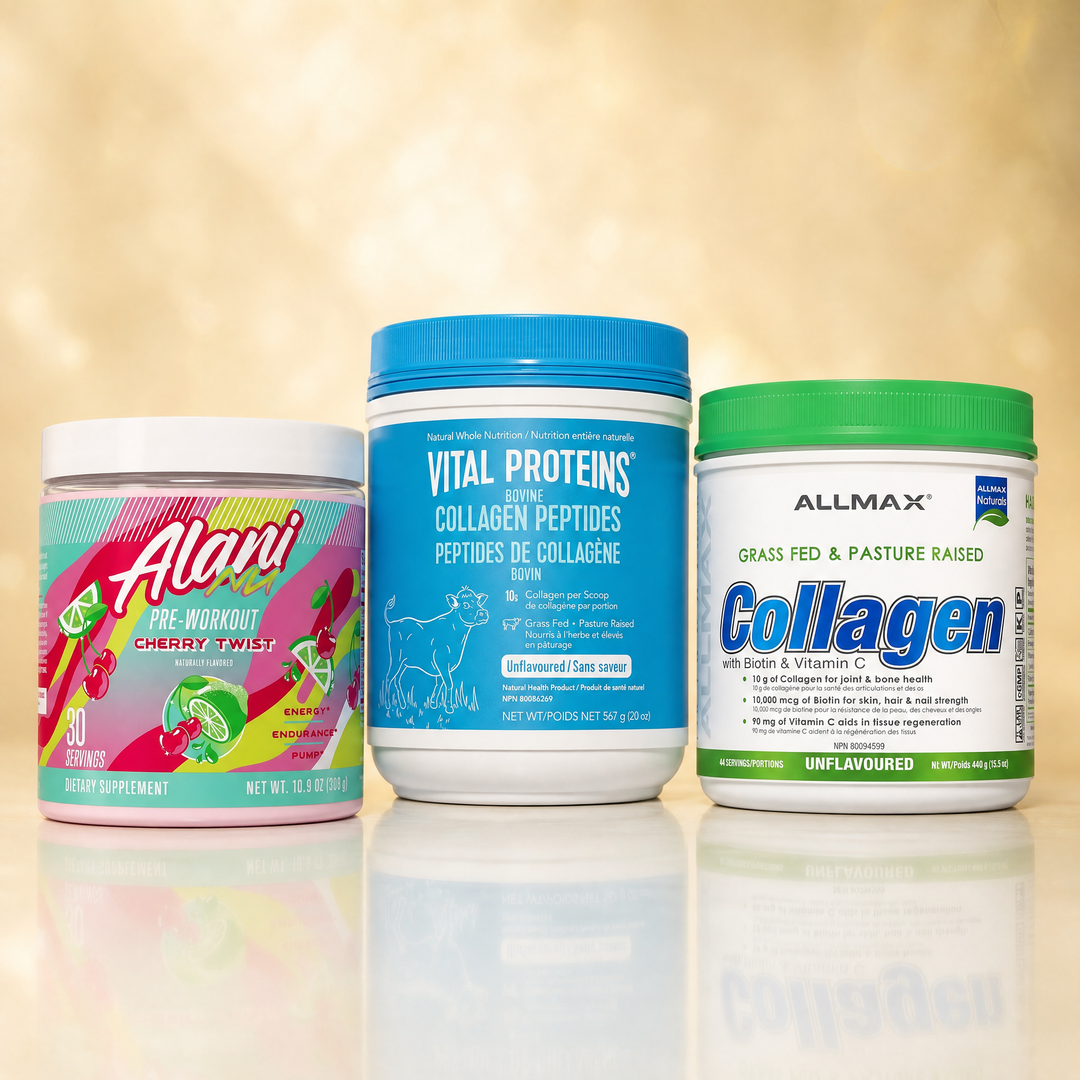 Women's health supplements in Canada — Alani Nu Pre-Workout, Vital Proteins Collagen Peptides, and Allmax Collagen + Biotin at Bulldog Nutrition