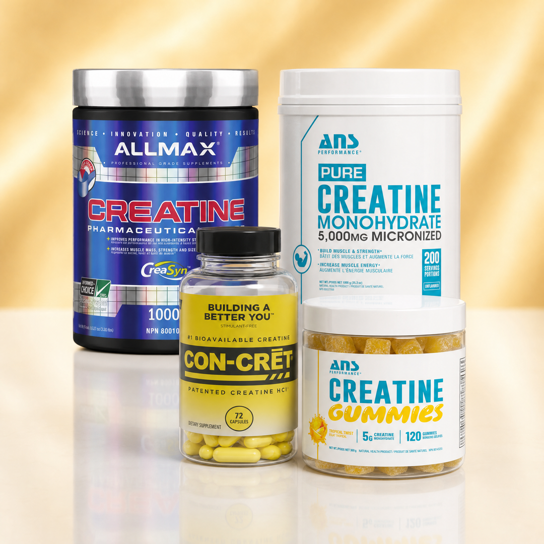 Creatine supplements in Canada — Allmax Creatine, ANS Pure Creatine Monohydrate, CON-CRET Creatine HCL, and ANS Creatine Gummies at Bulldog Nutrition