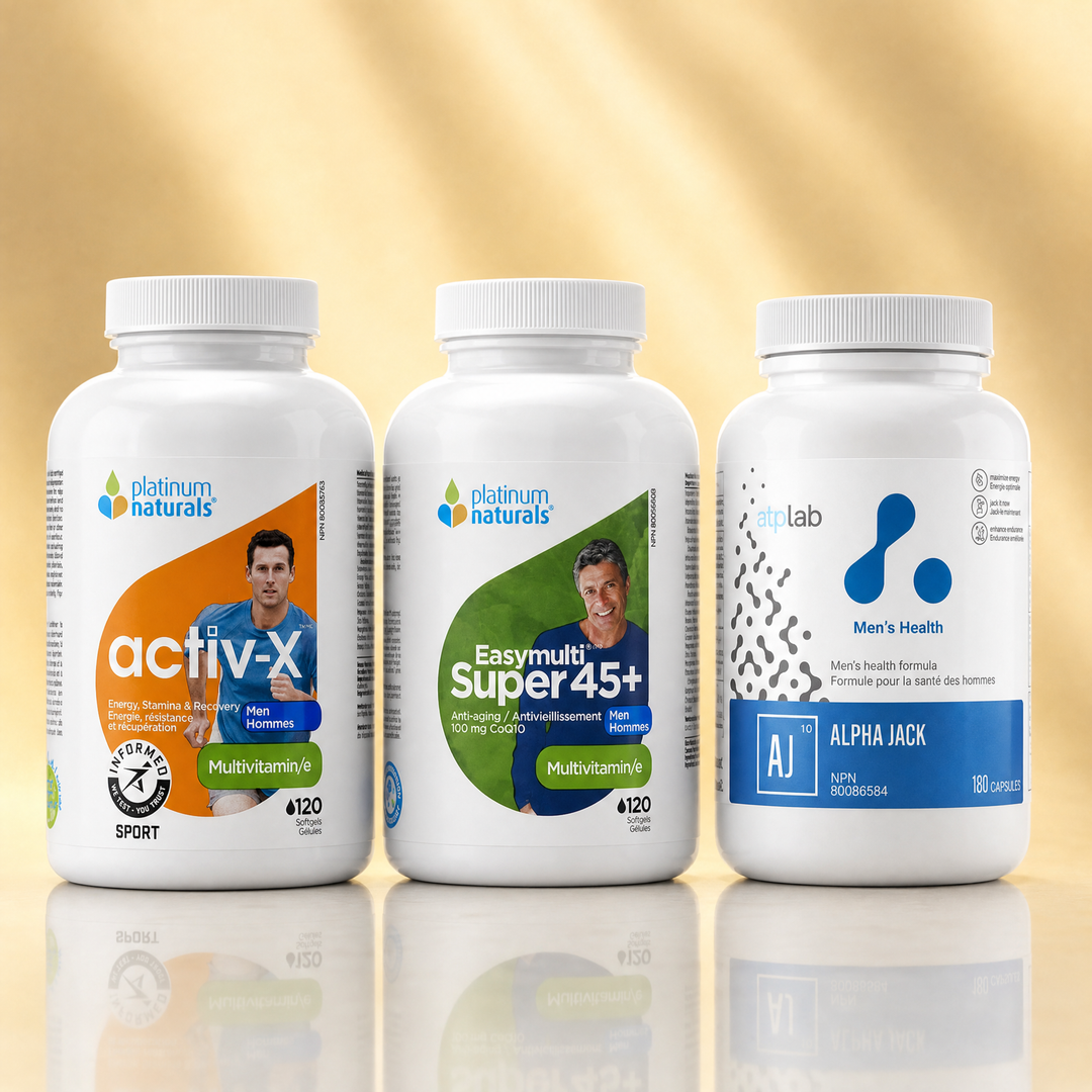 Men's health supplements in Canada — Platinum Naturals Activ-X for Men, EasyMulti 45+ for Men, and ATP Lab Alpha Jack at Bulldog Nutrition