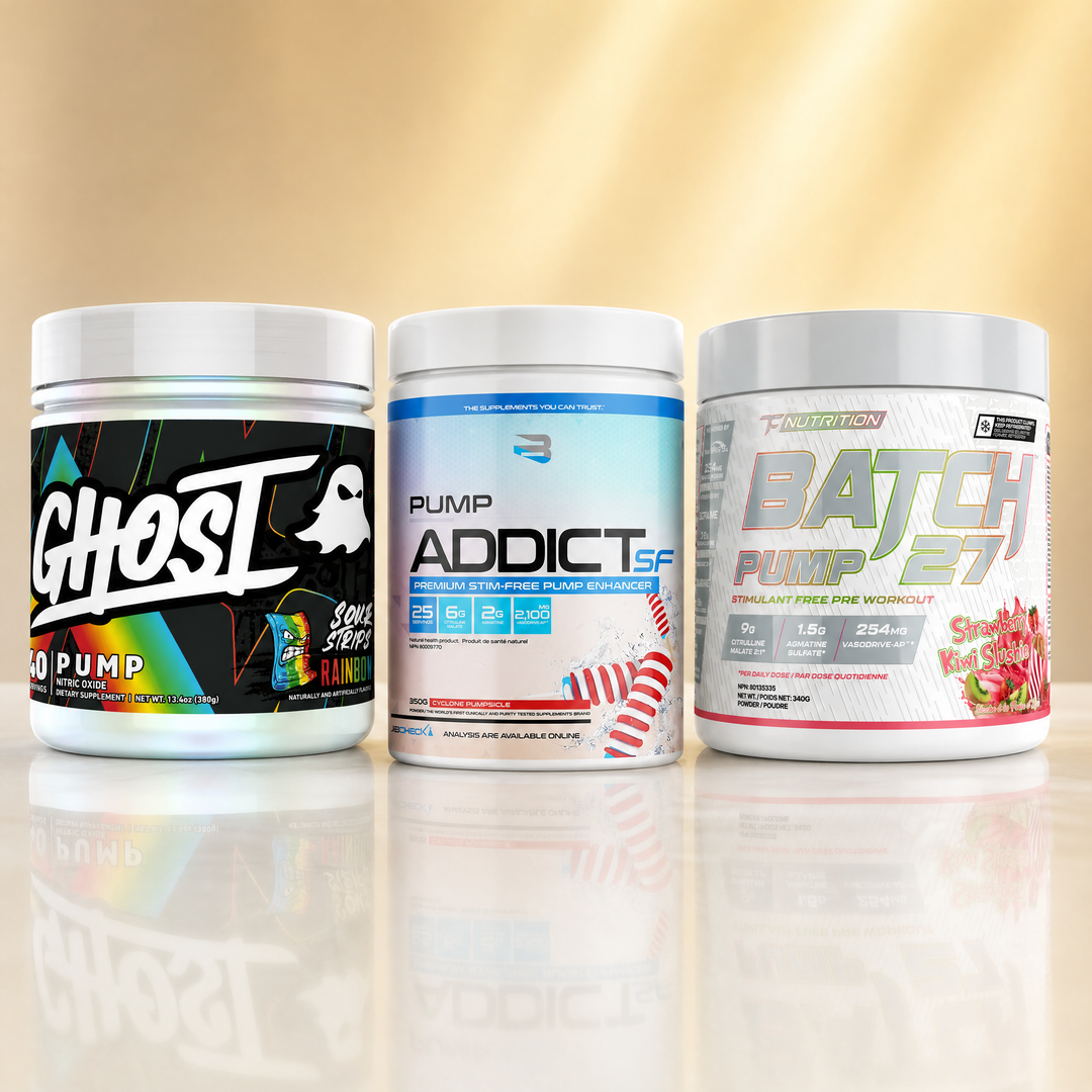 Stim-free pump pre-workouts in Canada — GHOST Pump, Believe Pump Addict Stim Free, and TC Nutrition Batch 27 Pump at Bulldog Nutrition