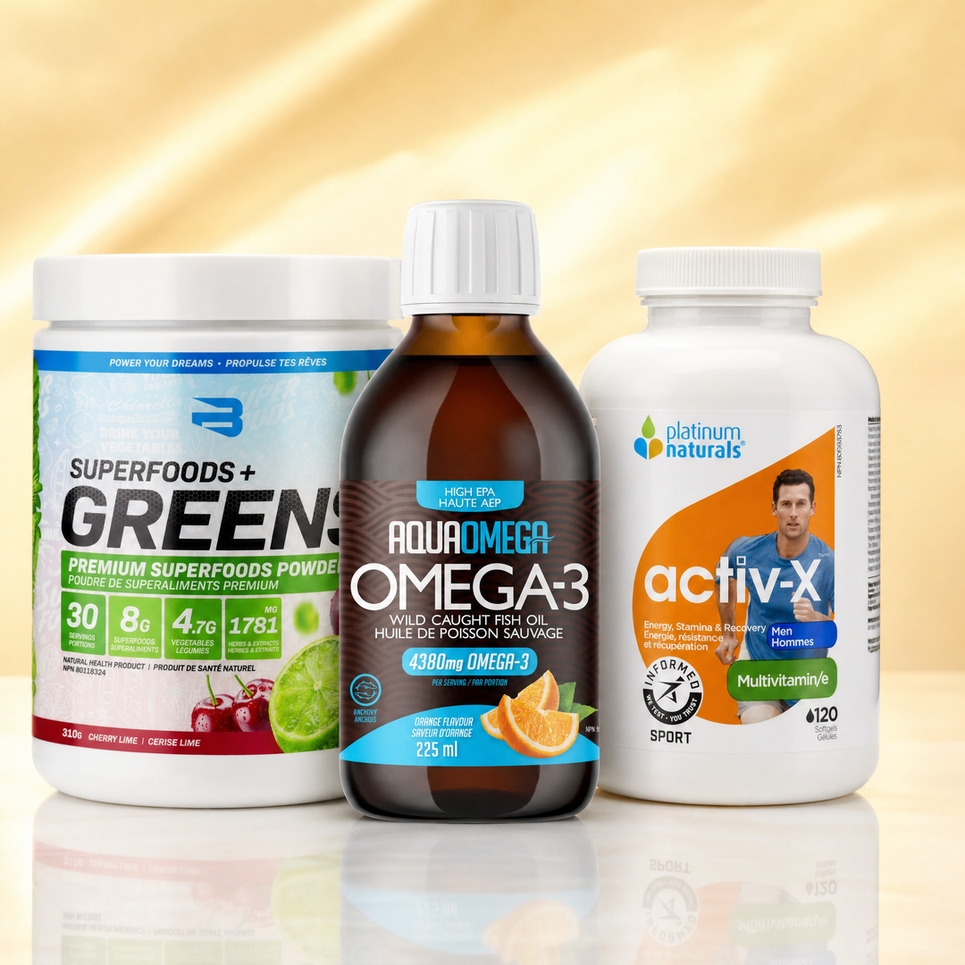 Health and wellness supplements in Canada — Believe Superfoods + Greens, AquaOmega Omega-3 fish oil, and Platinum Naturals Activ-X multivitamin at Bulldog Nutrition