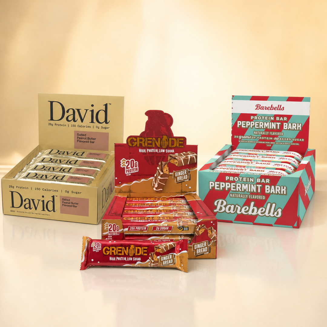 Protein bars in Canada — David High Protein Bars, Barebells, and Grenade 12-bar boxes at Bulldog Nutrition