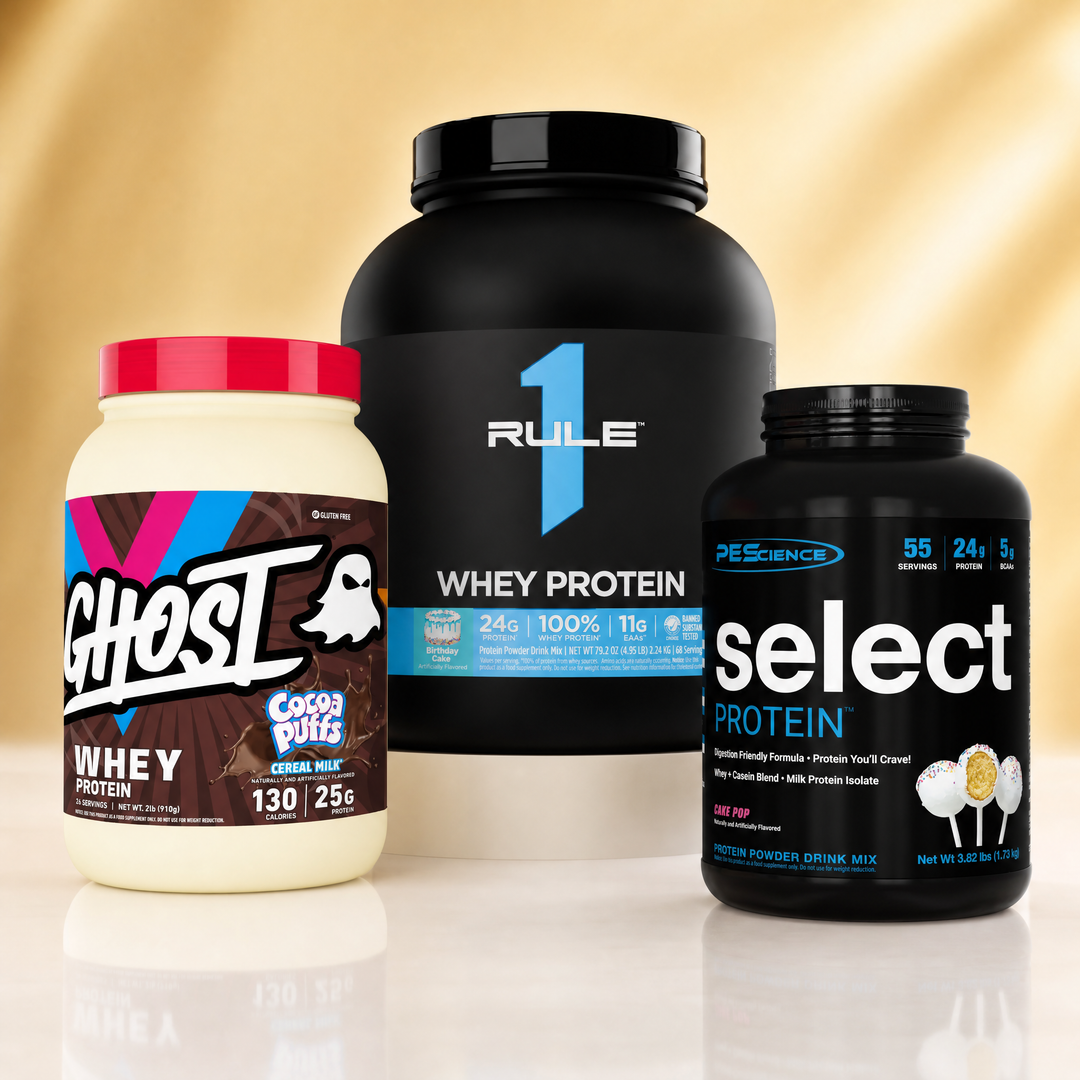 Whey protein powders in Canada — GHOST Whey, Rule 1 Whey Blend, and PEScience Select Protein at Bulldog Nutrition