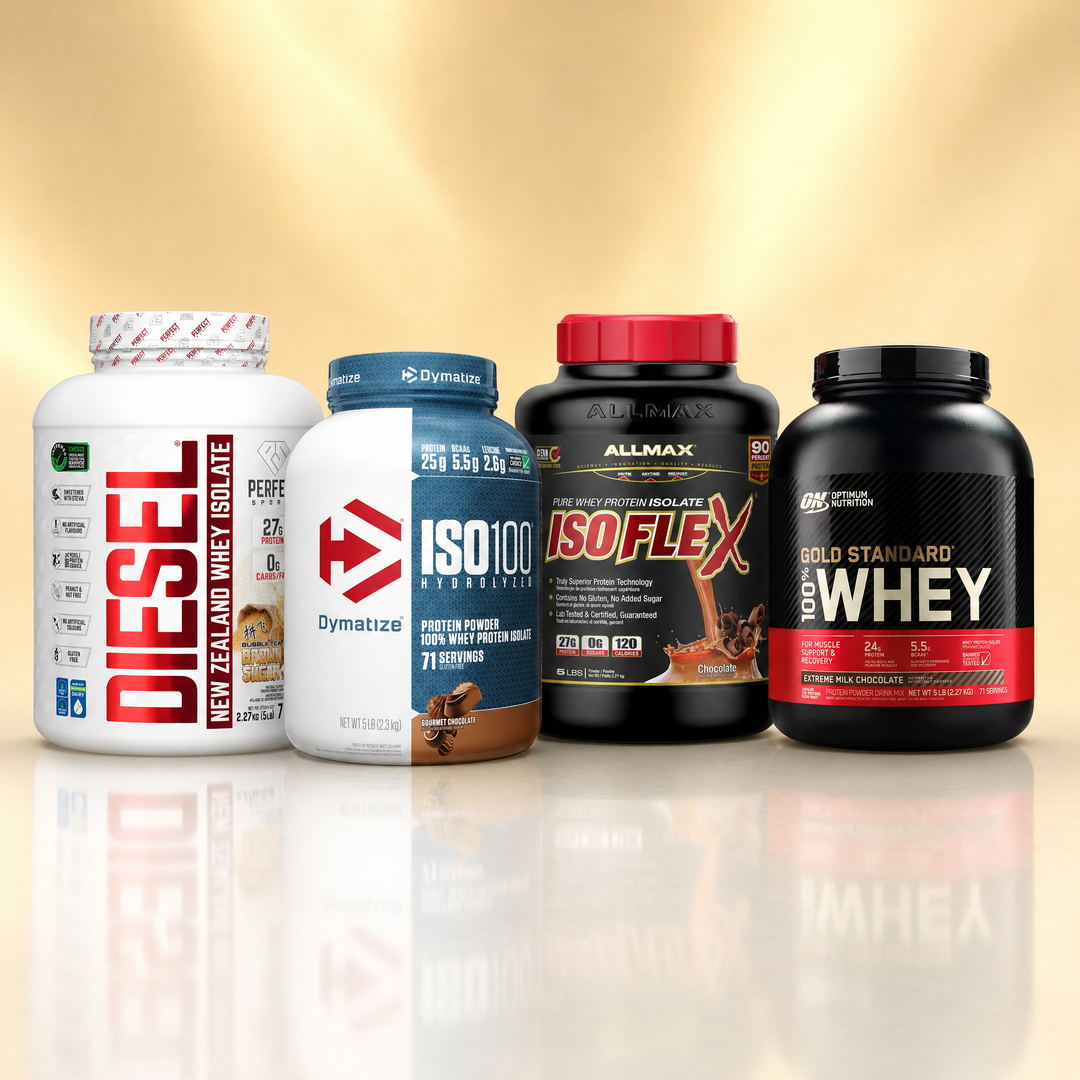Best-selling protein powders in Canada — Diesel New Zealand Whey, Dymatize ISO 100, Allmax IsoFlex, and Optimum Nutrition Gold Standard 100% Whey at Bulldog Nutrition