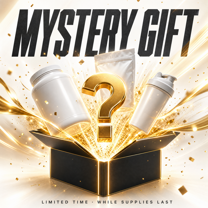 Mystery gift supplement box bursting open on a bright background with a white protein tub and shaker bottle — Bulldog Nutrition limited-time offer