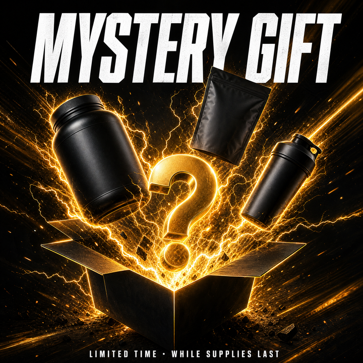 Mystery gift supplement box exploding open with gold lightning, a black protein tub, shaker bottle and pouch — Bulldog Nutrition limited-time offer