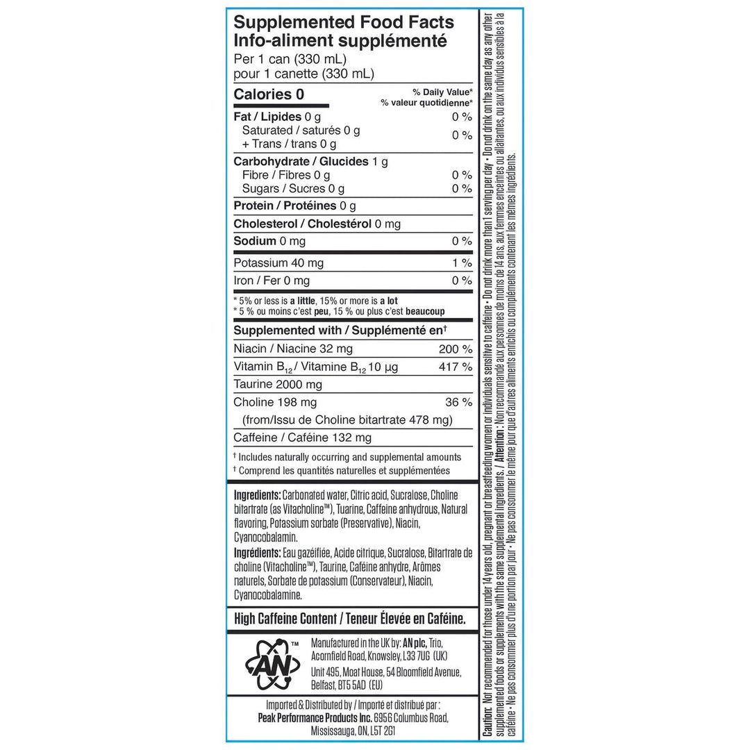 ABE Energy + Performance Drink Canada Supplemented Food Facts – 132mg caffeine, 2000mg taurine, zero sugar