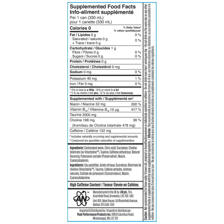 ABE Energy + Performance Drink Canada Supplemented Food Facts – 132mg caffeine, 2000mg taurine, zero sugar
