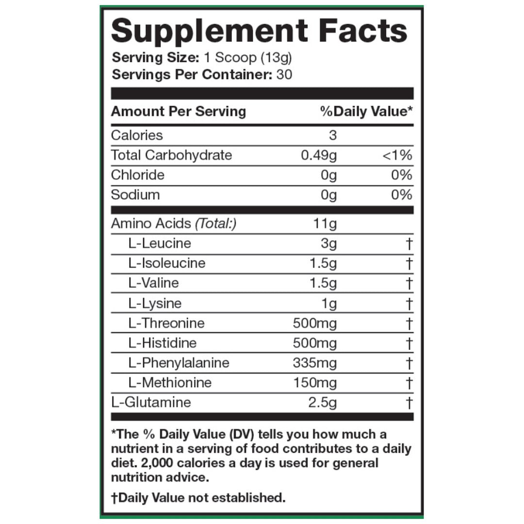Applied Nutrition Amino Fuel Supplement Facts – 11g aminos, all 9 EAAs, 6g BCAAs, 2500mg L-Glutamine per serving