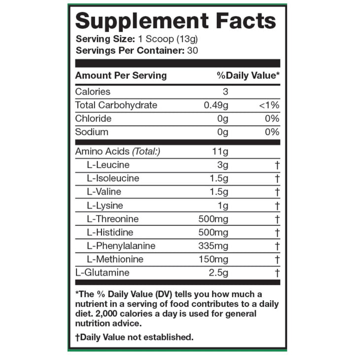 Applied Nutrition Amino Fuel Supplement Facts – 11g aminos, all 9 EAAs, 6g BCAAs, 2500mg L-Glutamine per serving