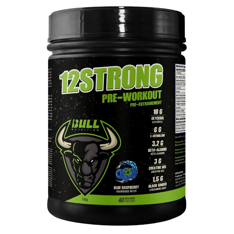 BULL Nutrition 12 Strong Pre Workout Front Label Blue Raspberry