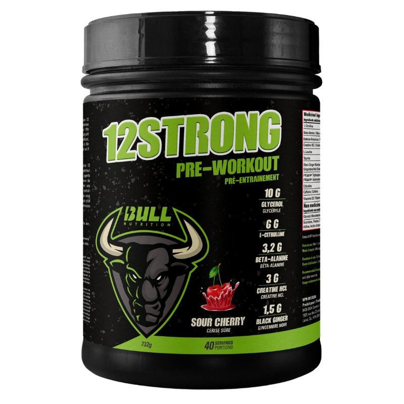 BULL Nutrition 12 Strong Pre Workout Front Label Sour Cherry