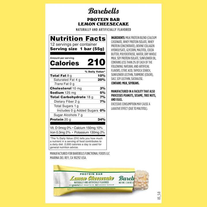 Barebells Protein Bars 12/Bars Lemon Cheesecake Supplement Facts – Bulldog Nutrition