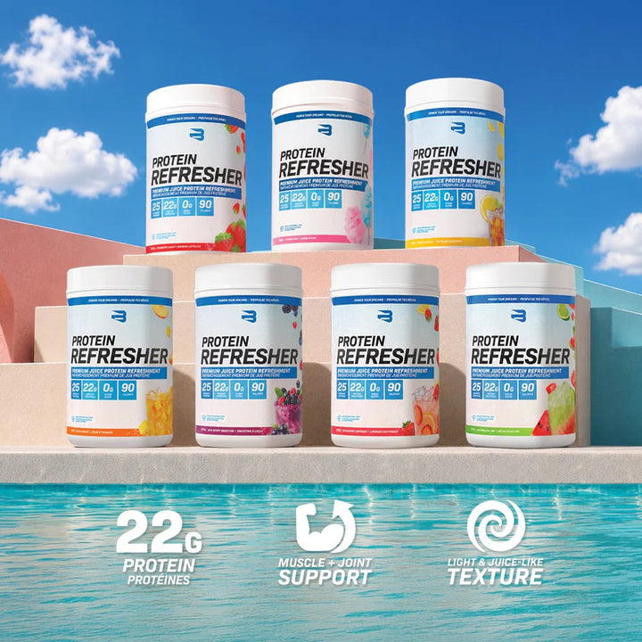 Believe Protein Refresher 2.0 flavour lineup — 25 servings, 22g protein, muscle and joint support, light juice-like texture