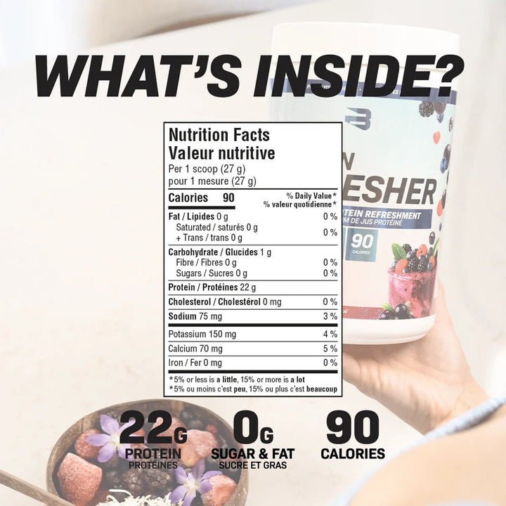 Believe Protein Refresher 2.0 nutrition facts — 22g protein, 0g sugar and fat, 90 calories per 27g scoop