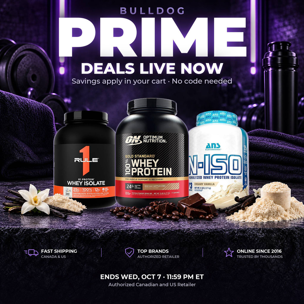 Bulldog Prime deals live now: Rule1 Whey Isolate, Optimum Nutrition Gold Standard Whey and ANS N-ISO, savings apply in your cart
