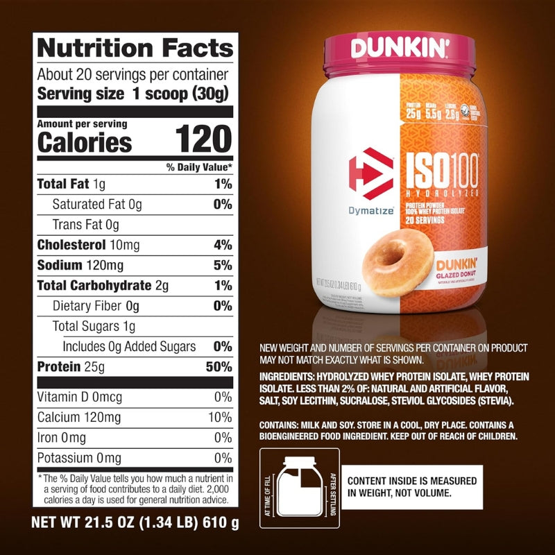 Dymatize Iso 100 Hydrolyzed Whey Protein Isolate Dunkin Glazed Donut Nutrition Fact Lable