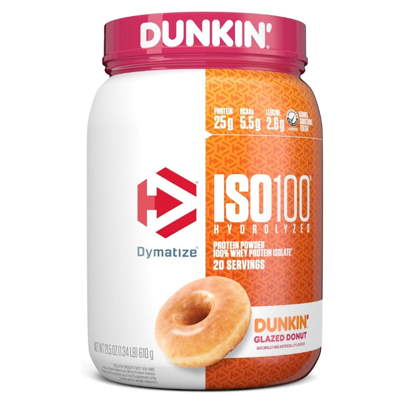Dymatize Iso 100 Hydrolyzed Whey Protein Isolate Dunkin Glazed Donut Front Label
