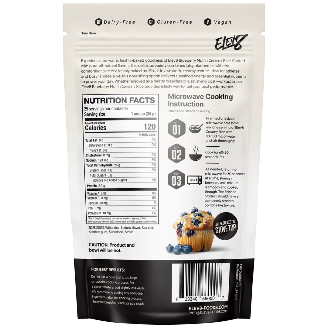 Elev8 Creamy Rice Blueberry Muffin nutrition facts panel