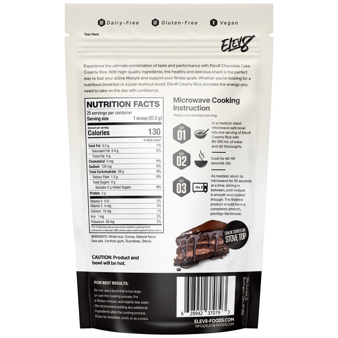 Elev8 Creamy Rice Chocolate Cake nutrition facts panel
