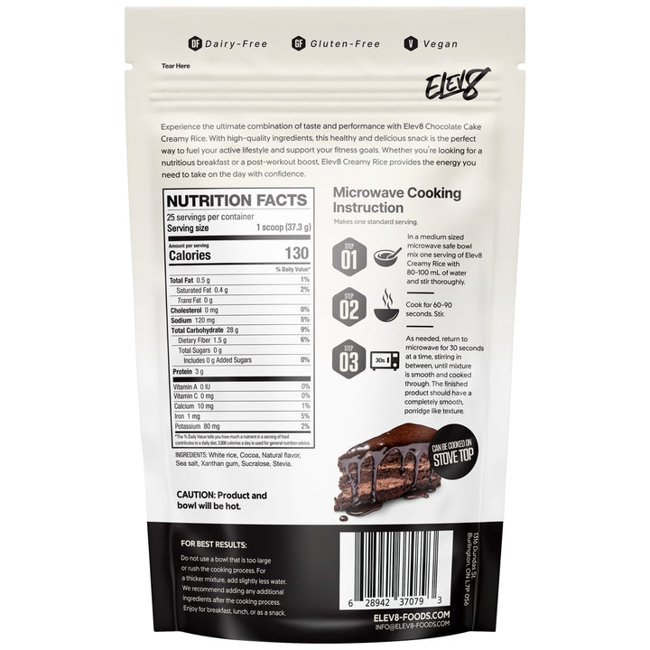 Elev8 Creamy Rice Chocolate Cake nutrition facts panel