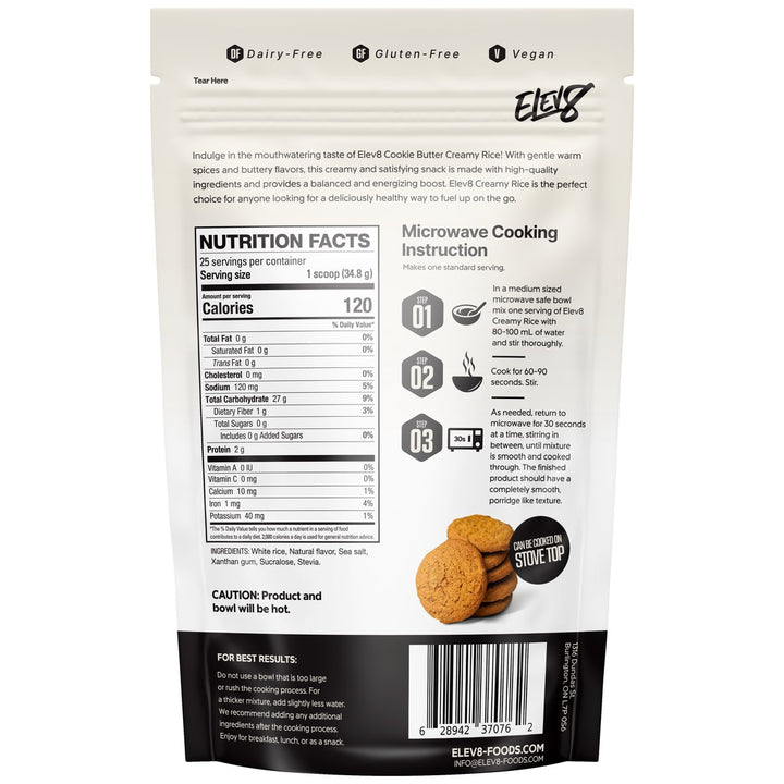 Elev8 Creamy Rice Cookie Butter nutrition facts panel